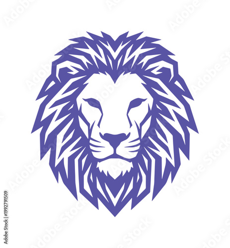 力強く威厳のあるライオンの頭部ロゴ、紫色のたてがみが特徴的なベクターイラスト。企業ブランディング、スポーツチーム、セキュリティ関連デザインに最適な、シンボリックでモダンな動物アイコン。