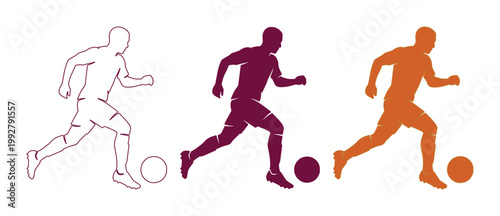サッカー選手のアウトラインとシルエット、ボールをドリブルする男性アスリートのベクターイラストセット。スポーツイベント、チーム、トレーニング、健康的なライフスタイルを表現するデザイン素材。