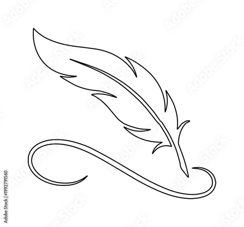 優雅な羽ペン、連続した一本の線で描かれたミニマルなベクターイラスト。書くことや創造性を象徴する、シンプルで洗練されたデザイン。ロゴ、アイコン、デザイン素材に最適な黒いアウトラインアート。