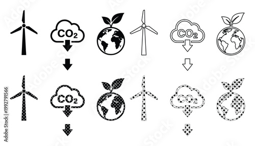 エコフレンドリーなエネルギーと環境保護のアイコンセット、風力発電、CO2削減、地球と植物の成長を表現した持続可能な未来のベクトルイラスト素材集