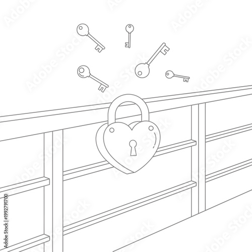 Heart-shaped padlock locked on a bridge railing with many flying keys. Love lock symbol, line art illustration for coloring book.
