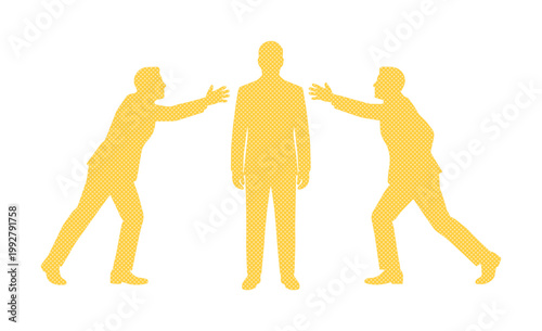 ビジネスマンの対立と競争、中央の人物を押し合う二人のシルエット、ビジネスにおける葛藤や交渉を表現するベクターイラスト