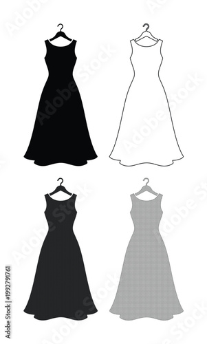 エレガントな女性用ドレス、ハンガーにかかったブラックとホワイトのフォーマルなロングドレス、ファッションとアパレルデザインのベクターイラストセット