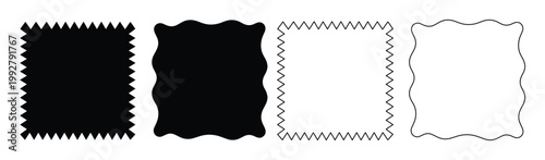 ギザギザと波打つフレームのベクターセット、4つの異なる形状とスタイルを持つ黒と白の正方形デザイン、ウェブデザインやグラフィック素材に最適な装飾的な枠線コレクション