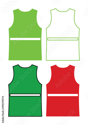 鮮やかな緑と赤のビブス、スポーツイベントやチーム活動に最適なシンプルなベストデザイン、白線入りゼッケン、ベクターイラストセット