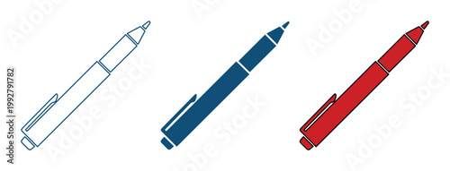 手書き風のペンとボールペン、シンプルな文房具のベクターイラストセット。青、紺、赤の3色展開で、学習、ビジネス、クリエイティブな作業に最適な筆記用具のアイコン。