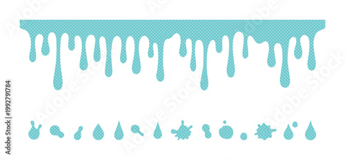 水色の滴る液体と水滴のセット、溶けた氷やペンキを表現するベクターイラスト素材、グラフィックデザインやウェブコンテンツに最適