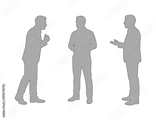 ビジネスシーンで活躍する男性のシルエット、ドット柄のテクスチャが特徴的なベクターイラストセット。会議や商談、プレゼンテーションなど多様なコミュニケーションを表現。