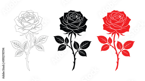 エレガントなバラのイラストセット、白黒と赤の3つのスタイルで描かれた美しい薔薇のベクター素材、ロマンスや愛を象徴する花のグラフィックデザイン