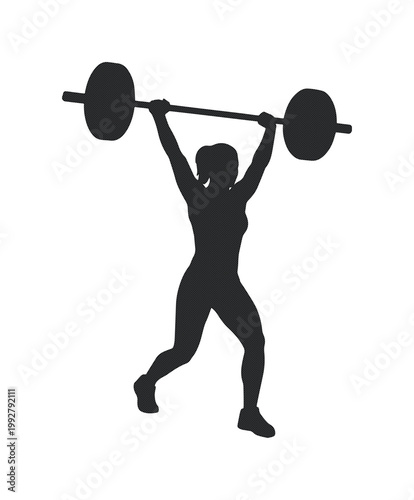 力強くバーベルを持ち上げる女性のシルエット、フィットネスとウェイトリフティングのトレーニングを表現するベクターイラスト素材、健康的なライフスタイルとスポーツのアイコン。