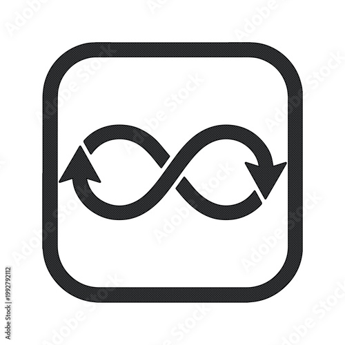 無限ループとリフレッシュを象徴する、シンプルでモダンな黒い四角いアイコン。持続可能性、サイクル、更新、永続性を表現するベクターグラフィック。