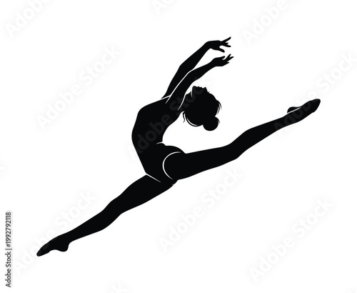 優雅なバレエダンサーのシルエット、躍動感あふれるジャンプと柔軟なポーズ、体操やダンスの動きを表現したベクターイラスト素材