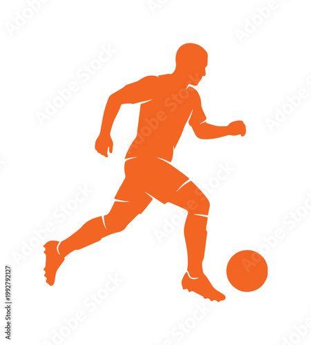 サッカー選手がボールをドリブルするオレンジ色のダイナミックなシルエットベクターイラスト、スポーツイベントやチームロゴに最適な躍動感あふれるフットボールアイコン