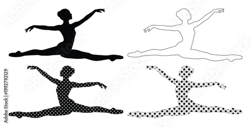 優雅なバレリーナのシルエット、スプリットポーズで踊る女性ダンサーのベクターイラストセット。バレエ、ダンス、フィットネス、エンターテイメント関連デザインに最適な、黒、白、ドット柄の4種類のバリエーション。