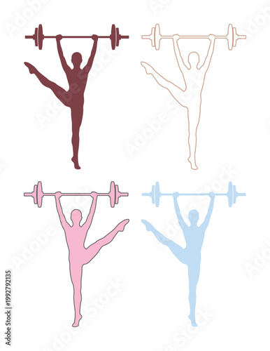 女性のウェイトリフティング、フィットネスと健康を象徴するシルエットとアウトラインのベクターセット。スポーツジム、トレーニング、エクササイズ、健康的なライフスタイルを表現するデザイン素材。