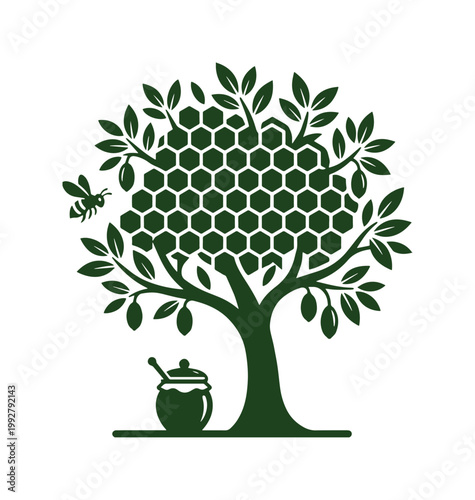 ミツバチとハチの巣が実る木、蜂蜜の壺とスプーンが描かれた自然でオーガニックなベクターイラスト。養蜂、自然食品、エコフレンドリーな製品のロゴやアイコンデザインに最適です。
