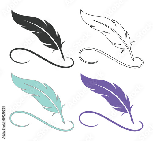 エレガントな羽ペンとインクのスクロール、執筆や文学を象徴するベクターアイコンセット。教育、クリエイティブ、コミュニケーション関連のデザインに最適な、手書き風のシンプルなイラスト素材。