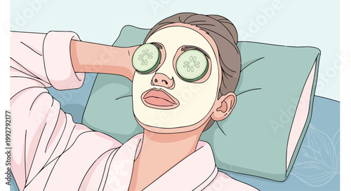 Woman relaxes with a green face mask and cucumber slices on her eyes during spa salon activities