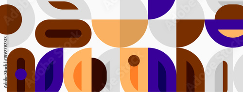 Abstract geometric shapes overlap, creating modern pattern. Brown, purple, beige tones dominate composition. Minimalist design evokes retro aesthetic.