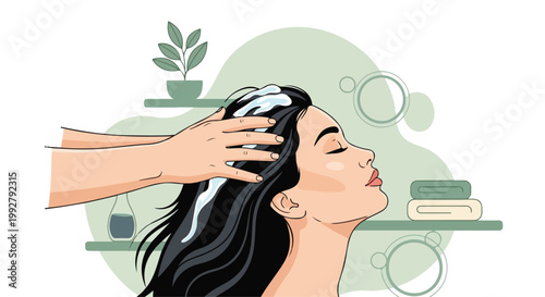 Illustration of a woman receiving a shampoo treatment at a spa salon with her eyes closed and a serene expression