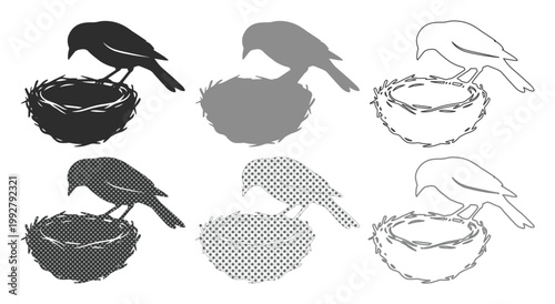 鳥の巣と親鳥のシルエット、モノクロームで表現された自然と生命の象徴、シンプルなベクターイラストセット、環境保護や子育てのテーマに最適