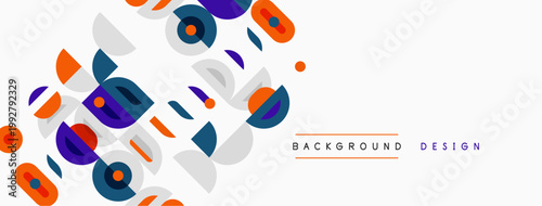 Abstract geometric shapes, vibrant colors, modern design. Background features overlapping circles, squares, curves. Minimalist aesthetic.