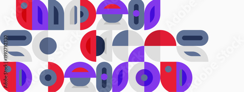 Abstract geometric shapes, circles, rectangles, ovals. Purple, red, gray, blue colors dominate composition. Minimalist design.
