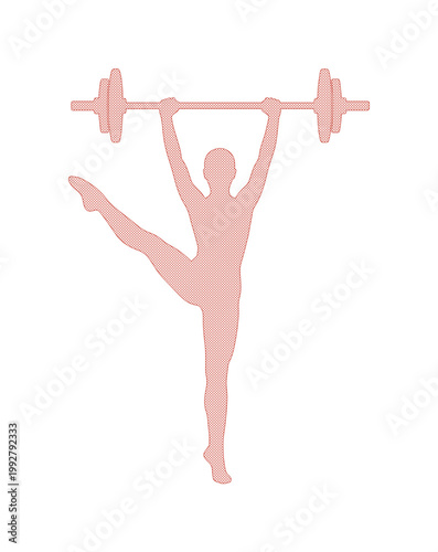 女性のシルエット、バーベルを持ち上げる力強いポーズ、フィットネスと健康的なライフスタイルを象徴するピンク色のベクターイラスト、スポーツジムやトレーニングのコンセプトデザインに最適