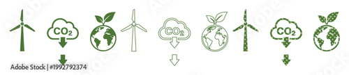 環境に優しいエネルギーとCO2排出削減の概念、地球と風力タービン、二酸化炭素排出量削減のアイコンセット、持続可能な未来のためのベクトルイラスト
