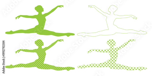 バレリーナの優雅なスプリットポーズ、緑色のシルエットとアウトライン、ドットパターンが特徴のダンスと体操のベクターイラストセット。フィットネス、健康、運動の表現に。
