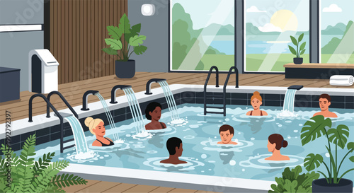 Illustration of diverse people enjoying spa salon activities in a serene outdoor pool with lush greenery and a scenic view