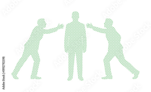 ビジネスにおける人間関係の葛藤と対立、ドットパターンで表現された3人の人物シルエット、チームワークやコミュニケーションの課題を示すベクターイラスト素材