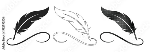 エレガントな羽ペンと流れるような装飾のベクターセット。書くこと、文学、歴史的なテーマに最適な、洗練された黒と線画のイラストコレクション。