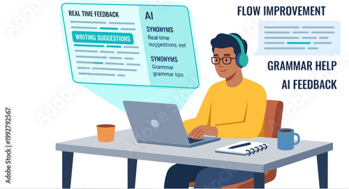 Person sitting at desk with laptop and coffee cup receives writing suggestions