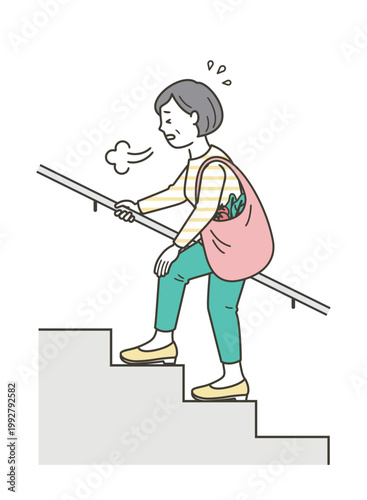 階段を辛そうにため息をつきながら上るミドル世代の女性のイラスト
