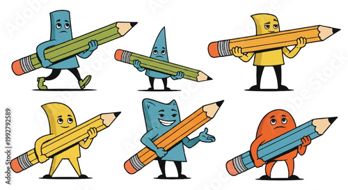 Cartoon pencils holding and using large pencils illustration