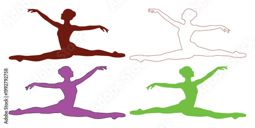 優雅なバレリーナのシルエット、スプリットポーズで踊る女性ダンサーのベクターイラストセット。ダンス、体操、フィットネスのコンセプトに最適な、様々な色の女性の姿。