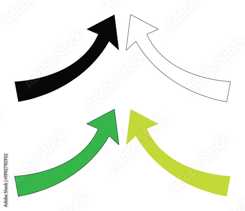 上向き矢印のベクターイラストセット、成長や進歩を示す黒、白、緑、黄緑のカーブした矢印アイコン、ビジネスプレゼンテーションやウェブデザインに最適な方向性シンボル