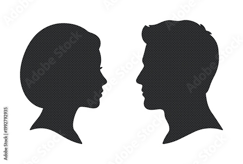 男女の横顔シルエット、カップルや人間関係を象徴するシンプルな黒いベクターアイコンセット。プロフィール画像、アバター、コミュニケーションデザインに最適。