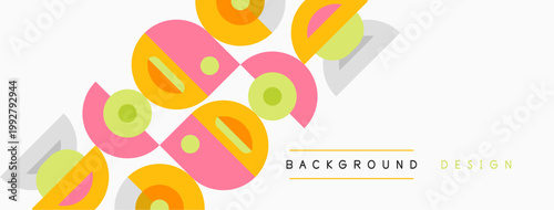 Abstract geometric shapes overlap, creating vibrant background. Colors include yellow, pink, green, gray. Modern design element.