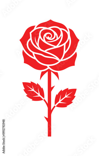 情熱的な赤いバラのシンプルでエレガントなベクターイラスト、愛と美を象徴するロマンチックな花のアイコン、結婚式や記念日のデザインに最適な単一のバラのグラフィック素材