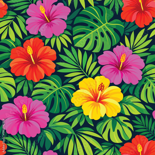 Tropical hibiscus floral pattern with lush green monstera and palm leaves vibrant exotic seamless design