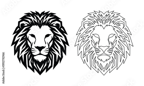 力強く威厳のあるライオンの頭部、たてがみが特徴的なベクターイラストセット。エンブレムやロゴデザインに最適な、黒一色のシルエットとアウトラインの2種類。