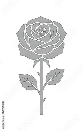 エレガントなモノクロのバラのイラスト、繊細な花びらが特徴の美しいバラのベクターアート。結婚式や記念日のデザインに最適な、シンプルで洗練された花のモチーフ。