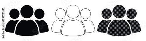 チームとコミュニティのアイコンセット、ビジネスやソーシャルメディアのグループを表すシンプルなピクトグラム、ユーザーと人々の集まりを示すミニマルなベクターイラスト