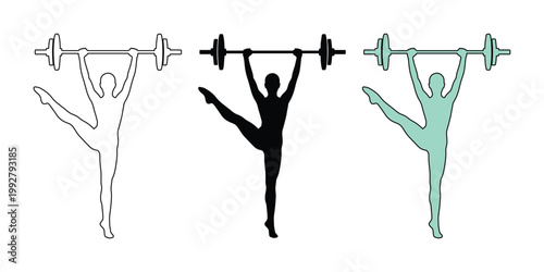 ウェイトリフティングとバレエの融合、力強く優雅な女性アスリートのシルエットベクター3点セット。フィットネス、健康、スポーツイベントに最適なデザイン素材。