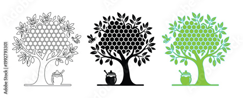 ハチミツの木とミツバチのシンプルで可愛らしいベクターイラストセット、養蜂や自然食品のロゴデザインに最適なハニーコームと蜂蜜壺のアイコン素材