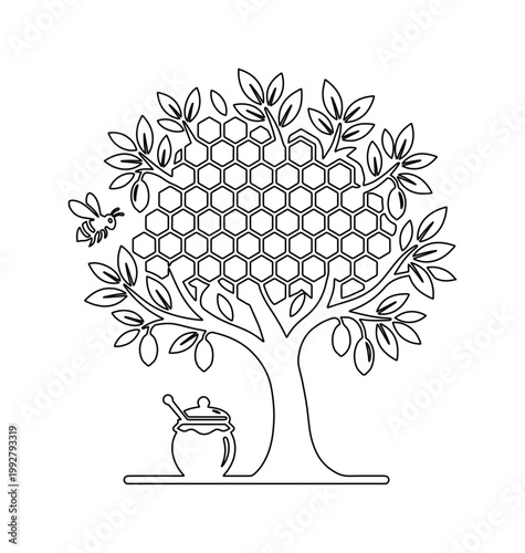 ミツバチとハチの巣が描かれた木、蜂蜜の壺とスプーンが添えられた自然の恵み、シンプルな線画ベクターイラスト、塗り絵やロゴデザインに最適な養蜂のシンボル。