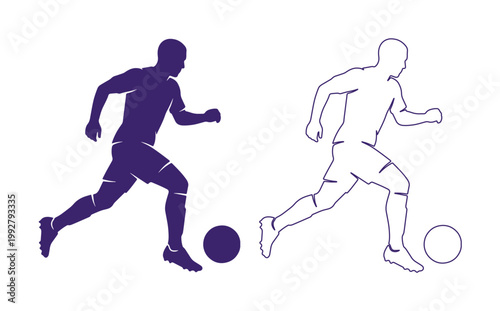 サッカー選手がボールをドリブルする躍動感あふれるシルエットと線画のベクターイラスト素材、スポーツイベントやチームロゴデザインに最適なフットボールプレイヤーのグラフィックエレメント