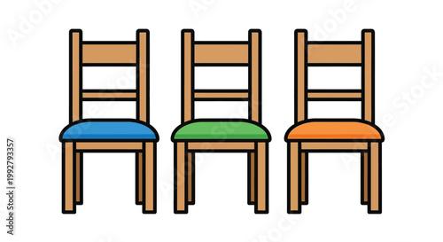 Three wooden chairs with differently colored seats in a row